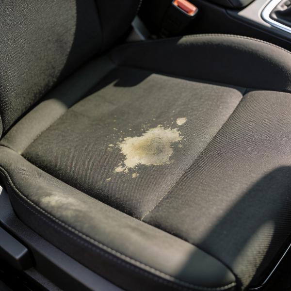 Stained fabric car seat needing same day interior detailing and stain removal service NYC